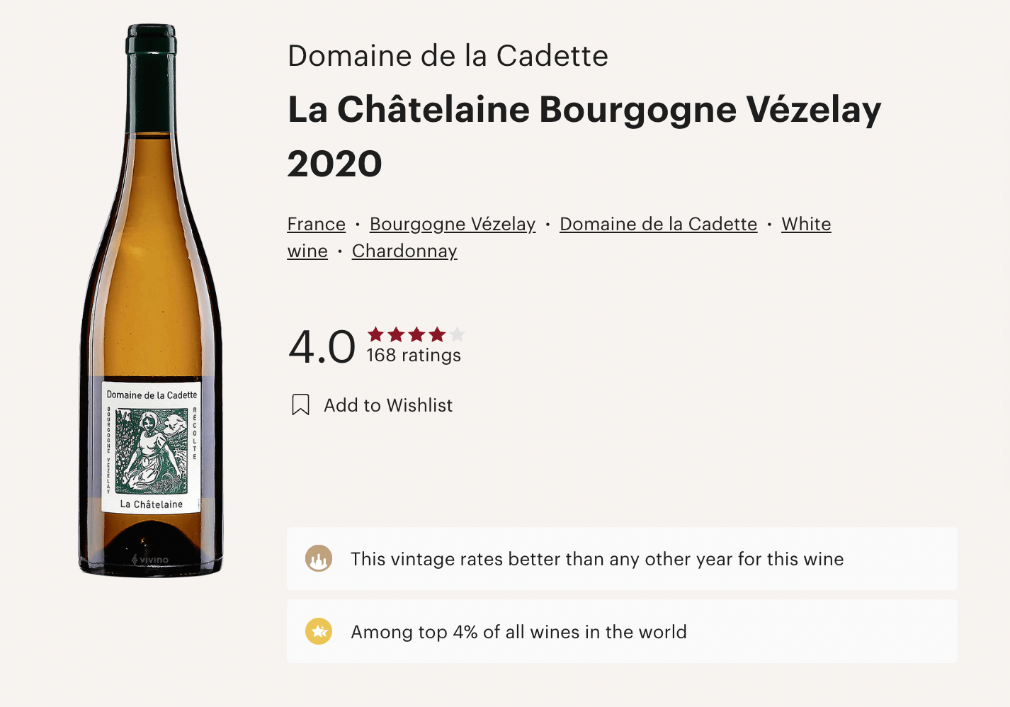 法國 Les Vins de la Cadette Domaine de la Cadette Bourgogne Vezelay La Chatelaine Chardonnay 2020