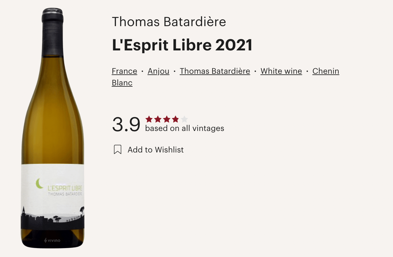 法國白酒 Thomas Batardiere Anjou l'Esprit Libre Chenin Blanc 2021 (Vivino 4.1分!)