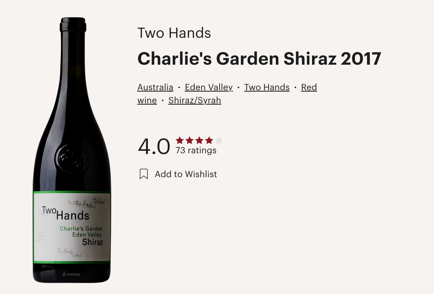 澳洲紅酒 Two Hands Charlie's Garden Eden Shiraz 2017