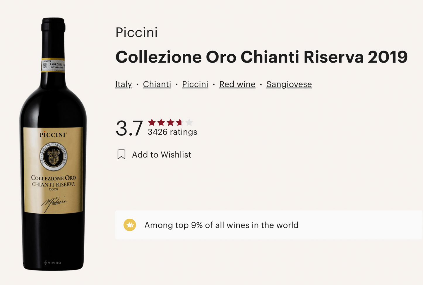 意大利 Piccini Collezione Oro Chianti Riserva DOCG Sangiovese 2019 紅酒