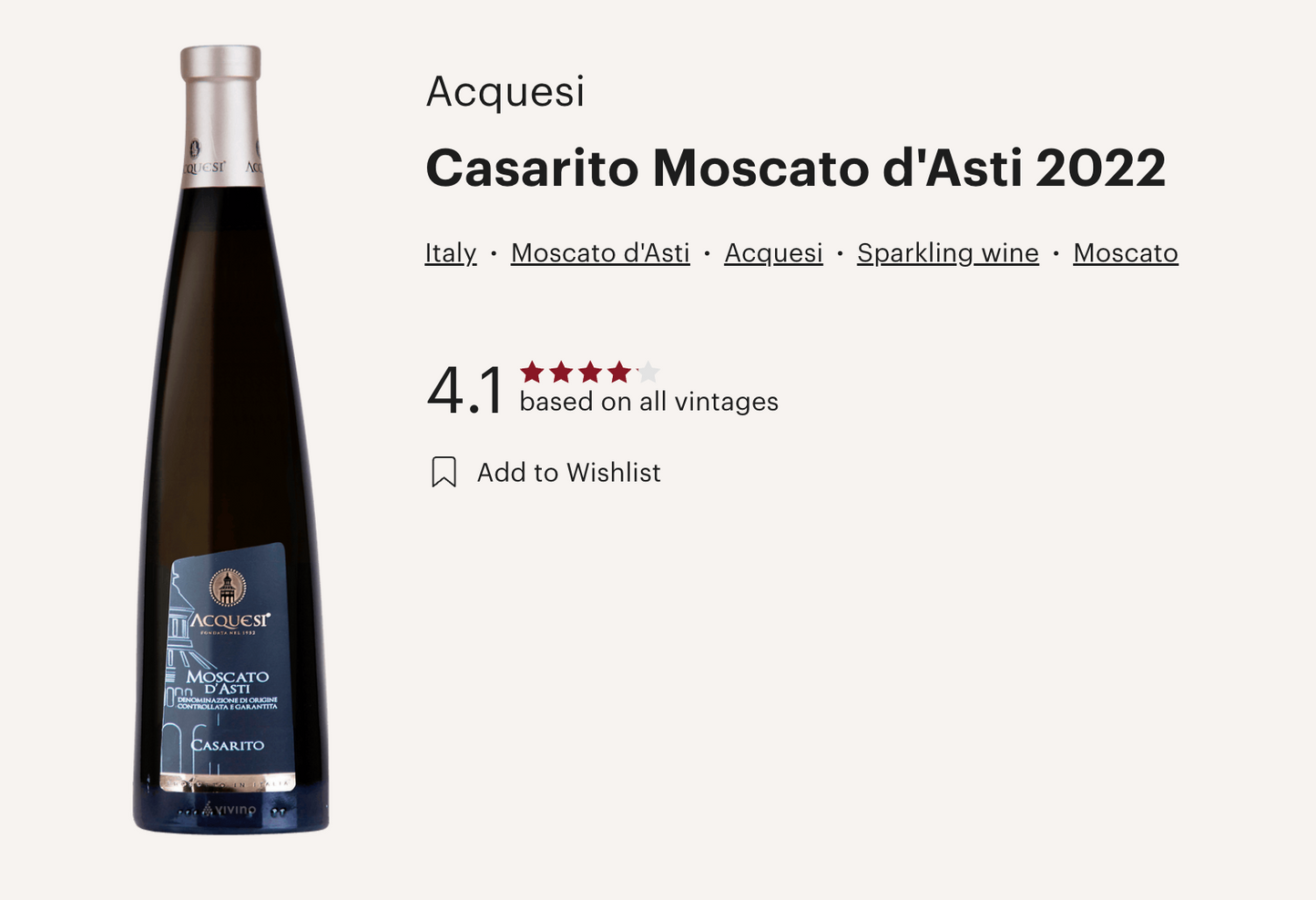 意大利有汽甜白酒 Acquesi Moscato D'Asti Casarito DOCG 2022 (Vivino 4.1!)