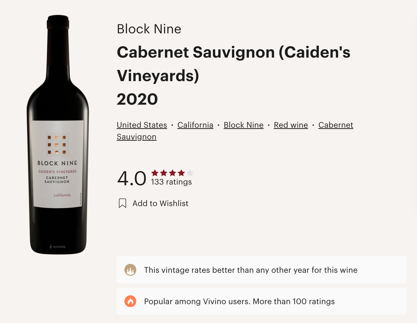 美國 Block Nine Cabernet Sauvignon 2020 紅酒