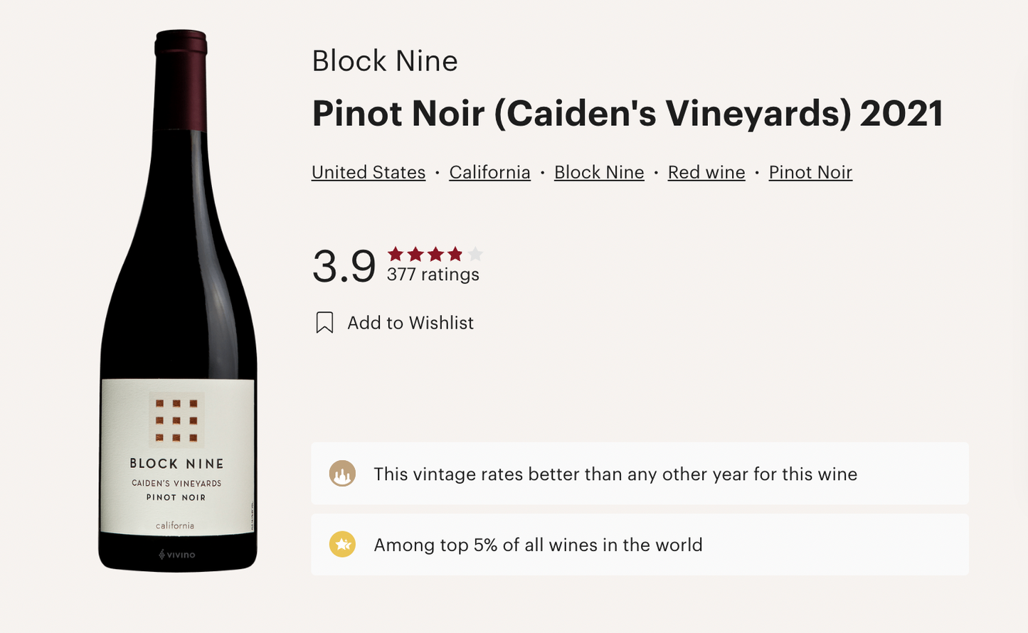 美國 Block Nine Pinot Noir 2021 紅酒