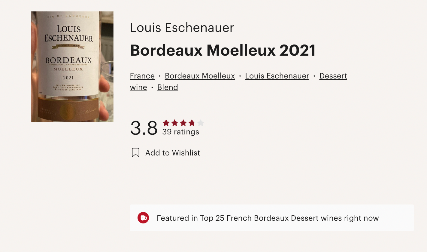 法國 Louis Eschenauer AOP Bordeaux Moelleux White 2021 甜白酒