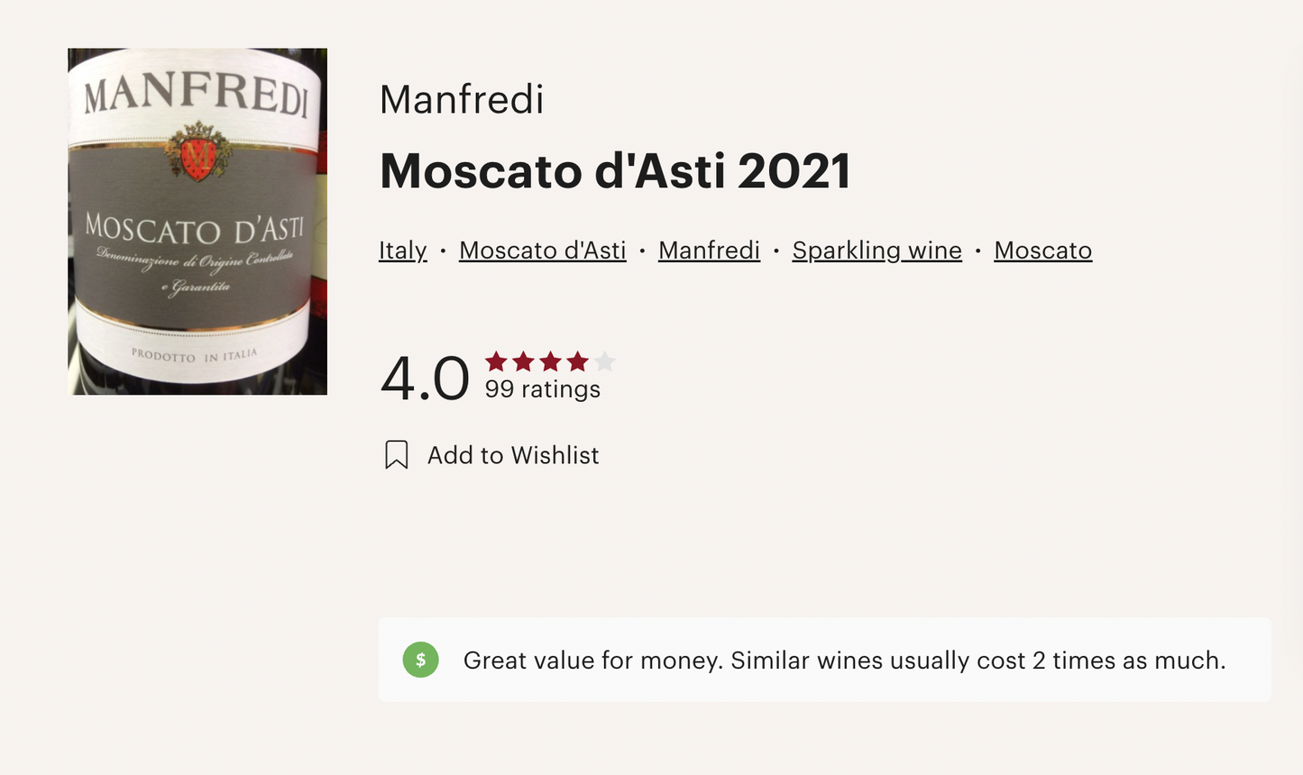 意大利 Manfredi Moscato d'Asti DOCG 2021 氣泡白酒