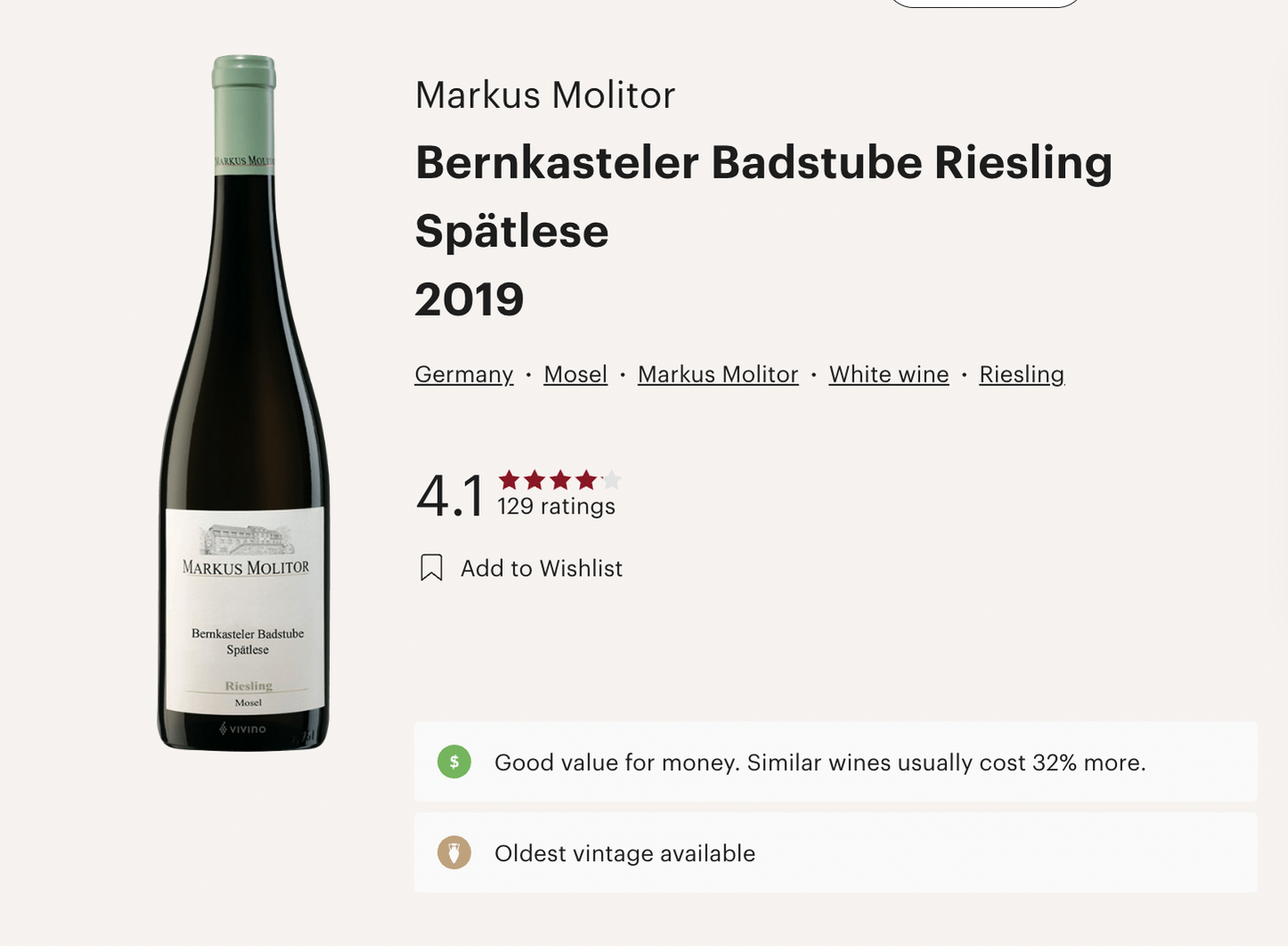 德國晚摘甜白酒 Markus Molitor Bernkasteler Badstube Riesling Spatlese Off Dry 2019