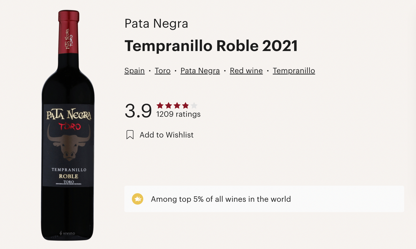 西班牙 Pata Negra Roble Tempranillo DO Toro 2021 紅酒