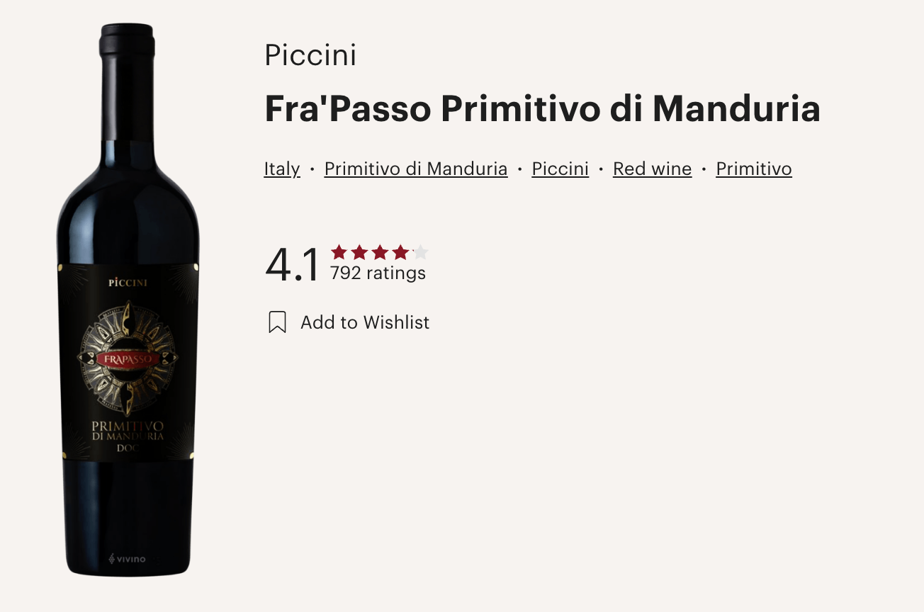 意大利 Piccini Fra'Passo Primitivo di Manduria 2021 紅酒