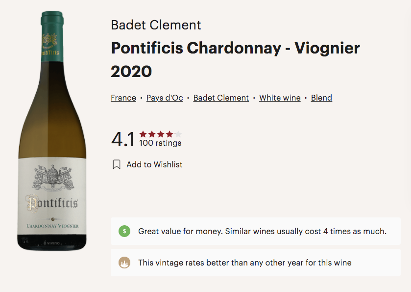 Badet Clement Pontificis Chardonnay Viognier 2020 vivino rating