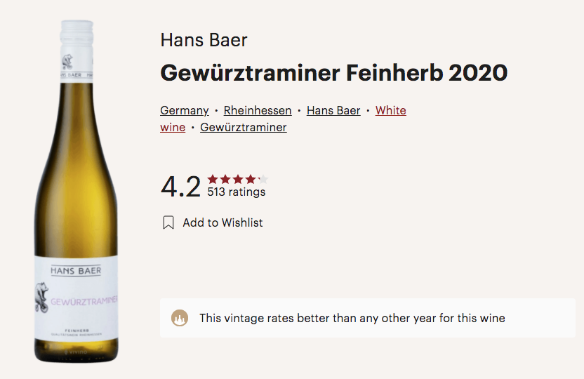 Hans Baer Gewürztraminer Feinherb 2020 vivino rating