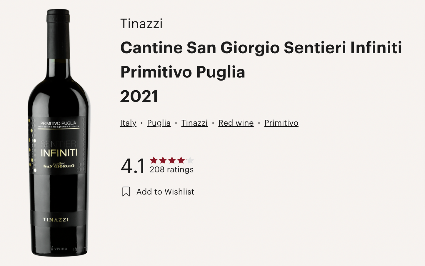 意大利 Tinazzi Primitivo IGP Puglia Sentieri Infiniti 2021 紅酒