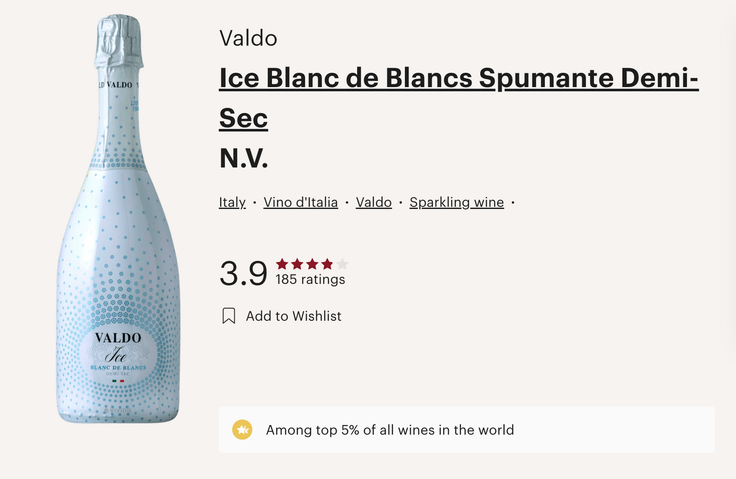 意大利 Valdo Ice Blanc de Blancs Demi-Sec 半甜氣泡酒